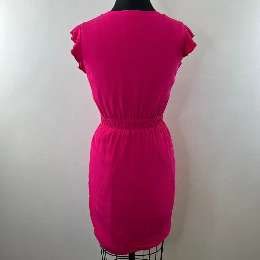 KATE SPADE Pink Fluid Crepe Frill Dress V-Neck Ruffle Sleeve Pullover Size 2